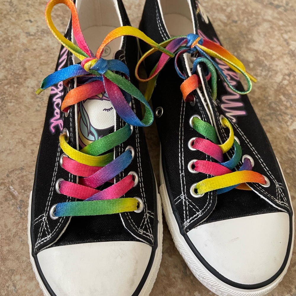Black Sneakers with Unicorns and Rainbow Laces